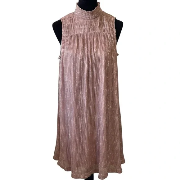 NINE WEST SMOCKED YOKE SLEEVELESS METALLIC ROSE SHIFT DRESS SZ MED EUC - Picture 2 of 12
